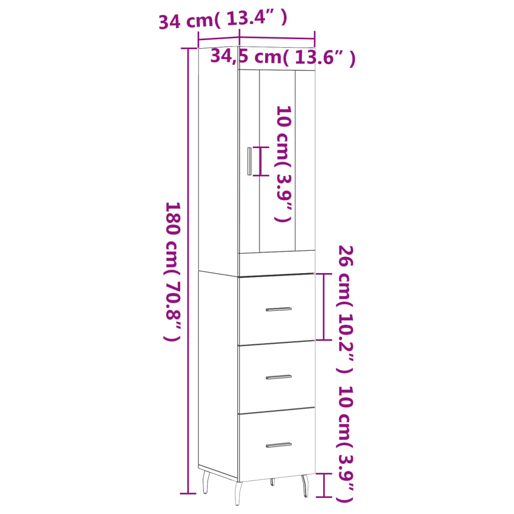 vidaXL Highboard High Gloss White 34.5x34x180 cm Engineered Wood