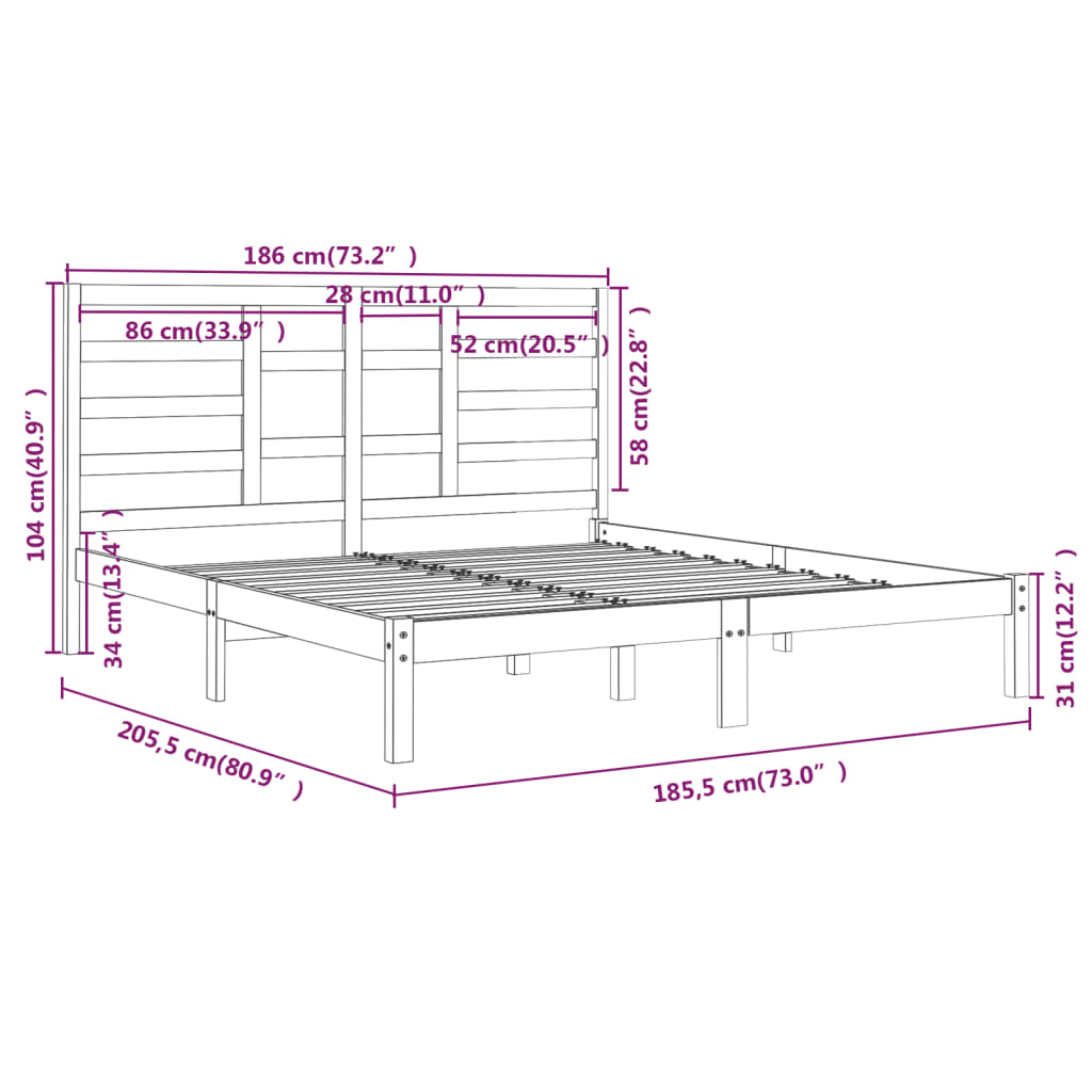 vidaXL Bed Frame without Mattress Black Solid Wood 180x200 cm Super King