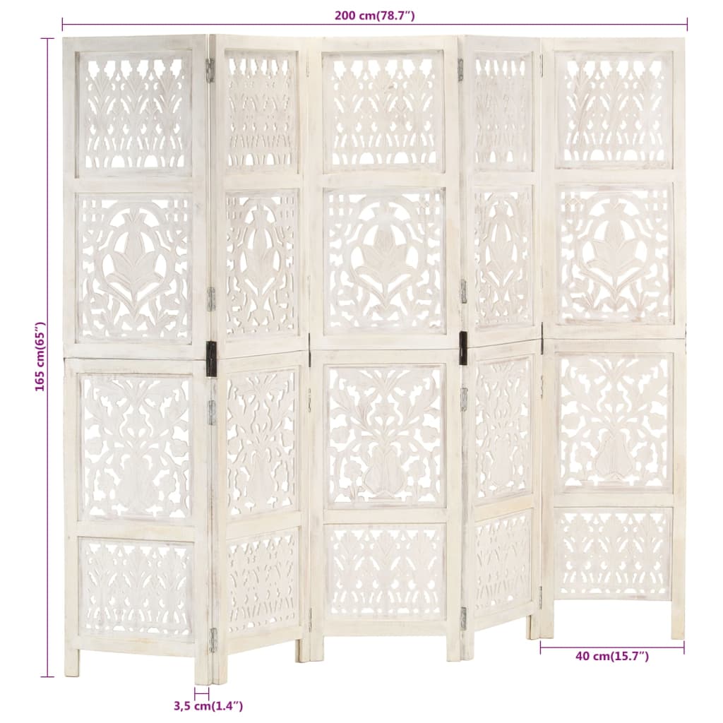 vidaXL Hand carved 5-Panel Room Divider White 200x165 cm Solid Mango Wood