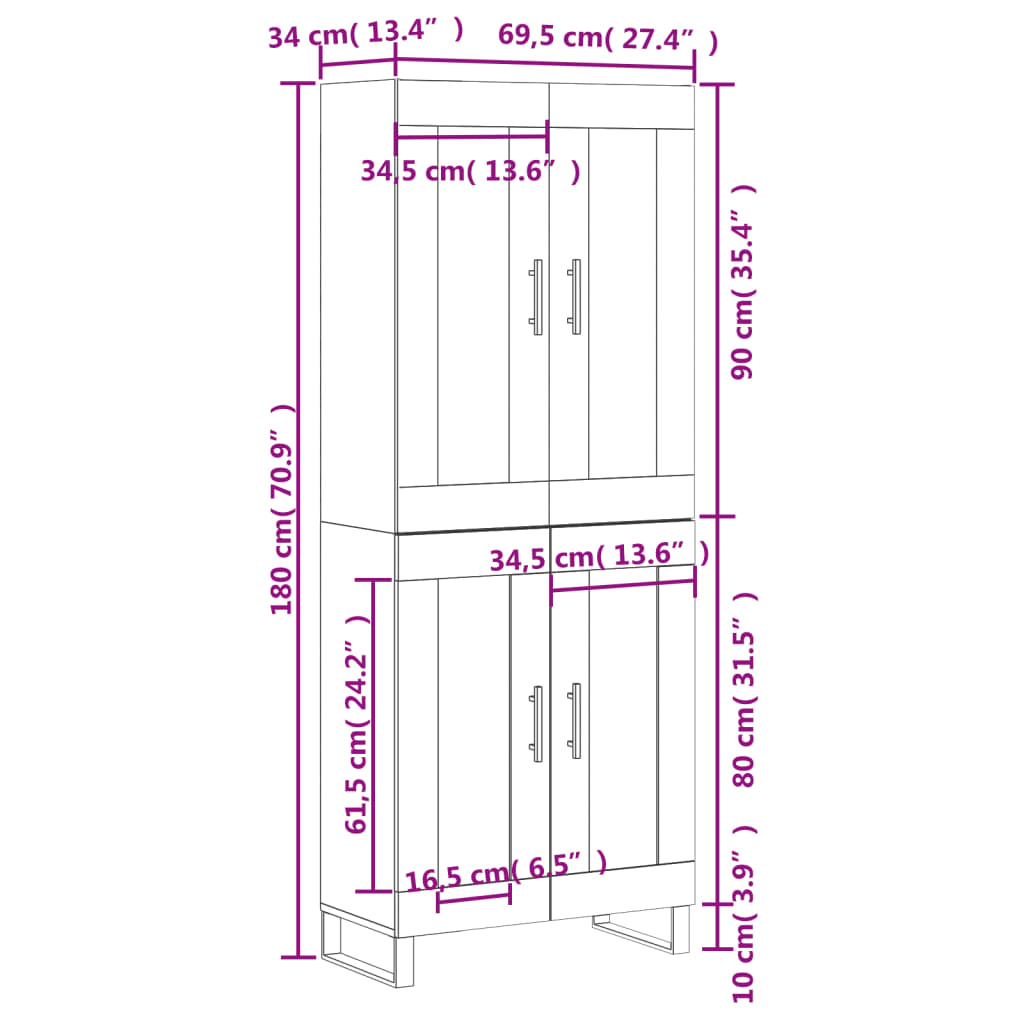 vidaXL Highboard Concrete Grey 69.5x34x180 cm Engineered Wood