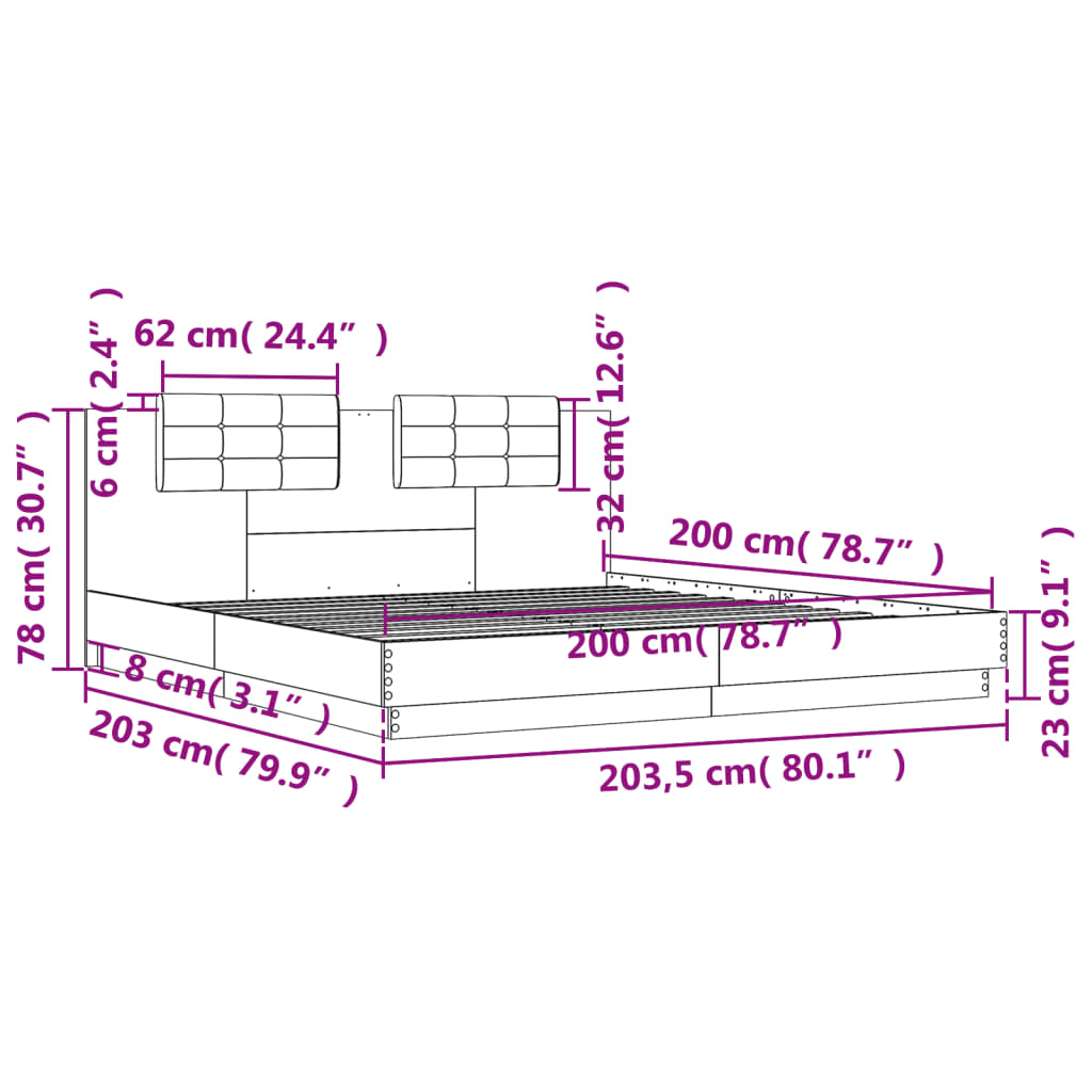 vidaXL Bed Frame with LED without Mattress Sonoma Oak 200x200 cm