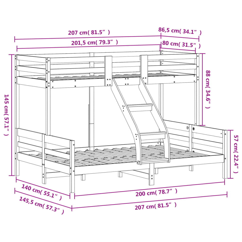 vidaXL Bunk Bed without Mattress 80x200/140x200 cm White Solid Wood