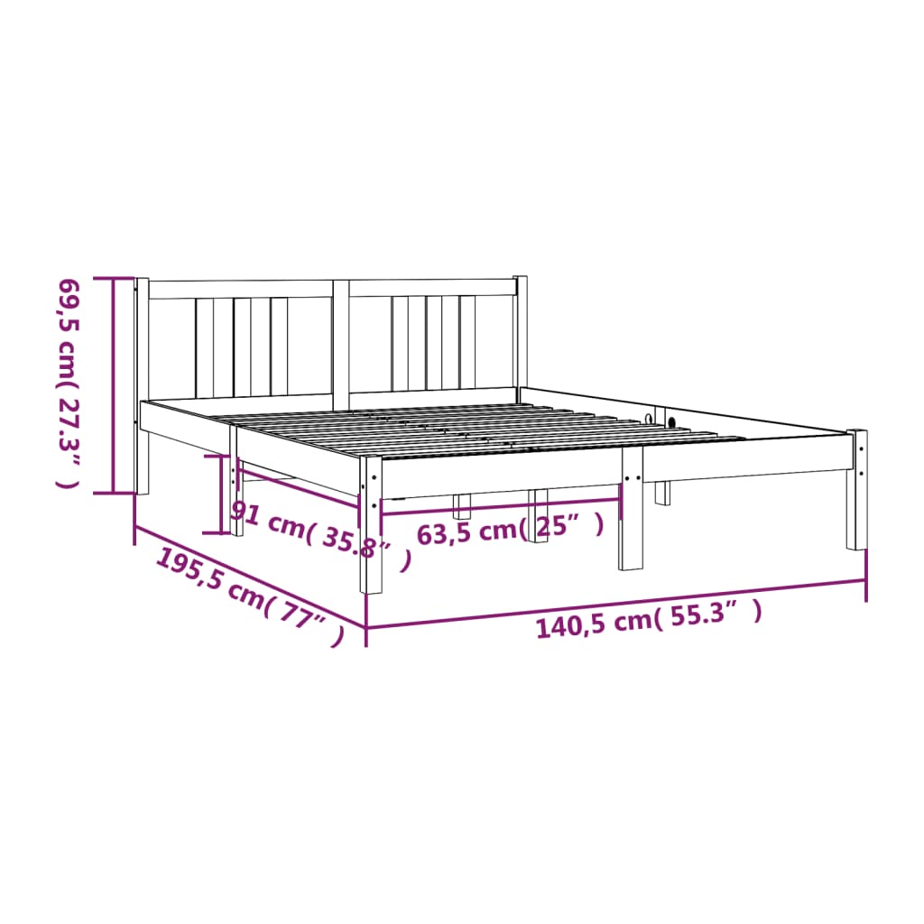 vidaXL Bed Frame without Mattress Black Solid Wood 135x190 cm Double