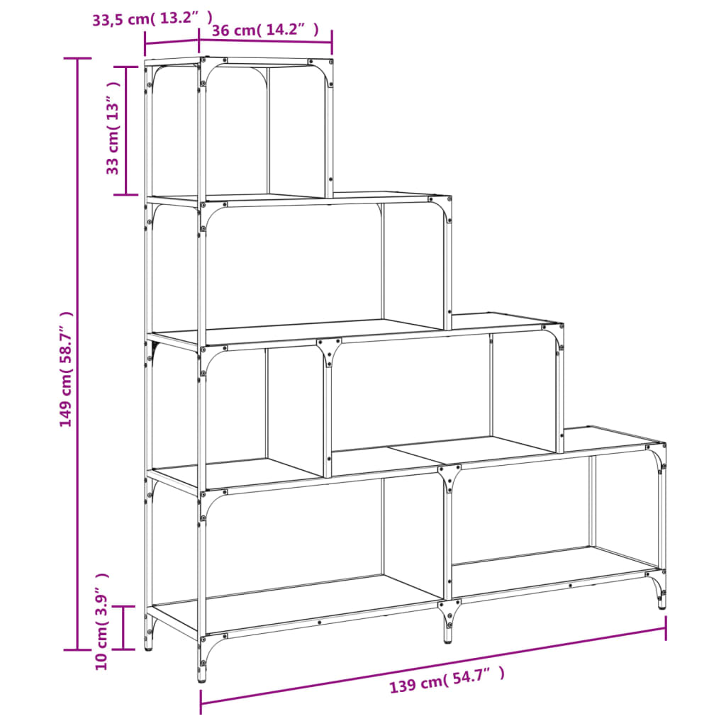 vidaXL Bookcase 4-Stair Smoked Oak 139x33.5x149 cm Engineered Wood