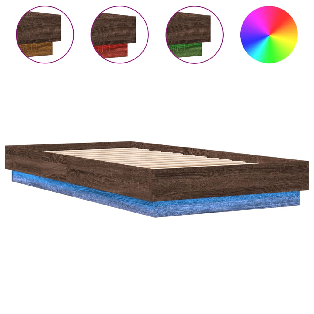 vidaXL Bed Frame without Mattress with LED Lights Brown Oak 90x190 cm Single