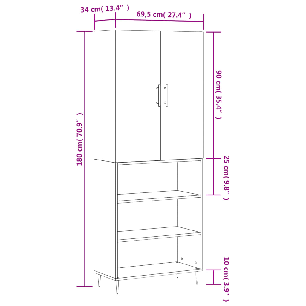 vidaXL Highboard Grey Sonoma 69.5x34x180 cm Engineered Wood