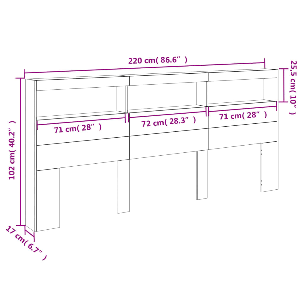 vidaXL Headboard Cabinet with LED Concrete Grey 220x17x102 cm