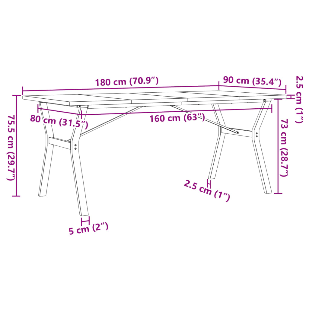 vidaXL Dining Table Y-Frame 180x90x75.5 cm Solid Wood Pine and Cast Iron