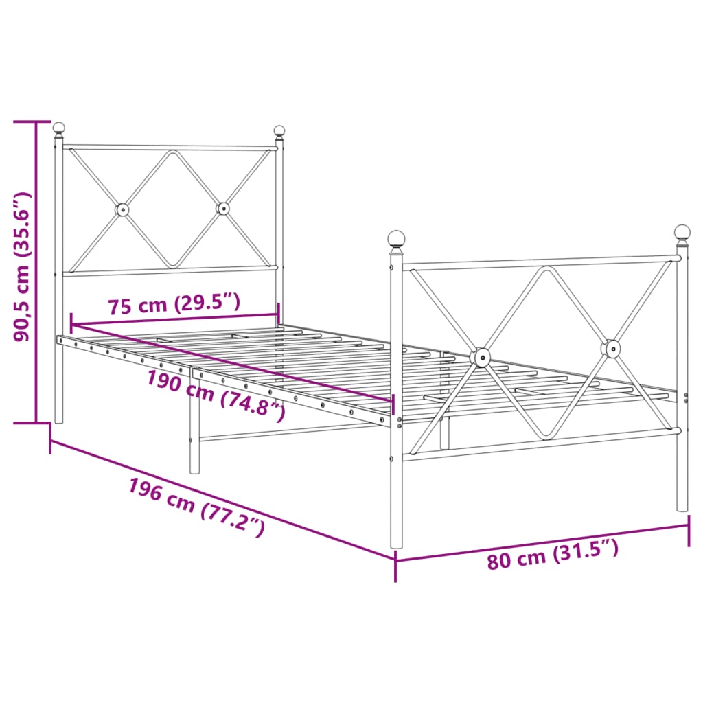 vidaXL Metal Bed Frame without Mattress with Footboard White 75x190 cm Small Single