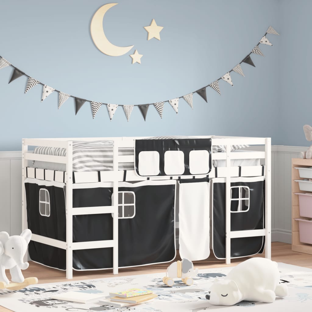 vidaXL Kids' Loft Bed with Curtains without Mattress White&Black 80x200 cm