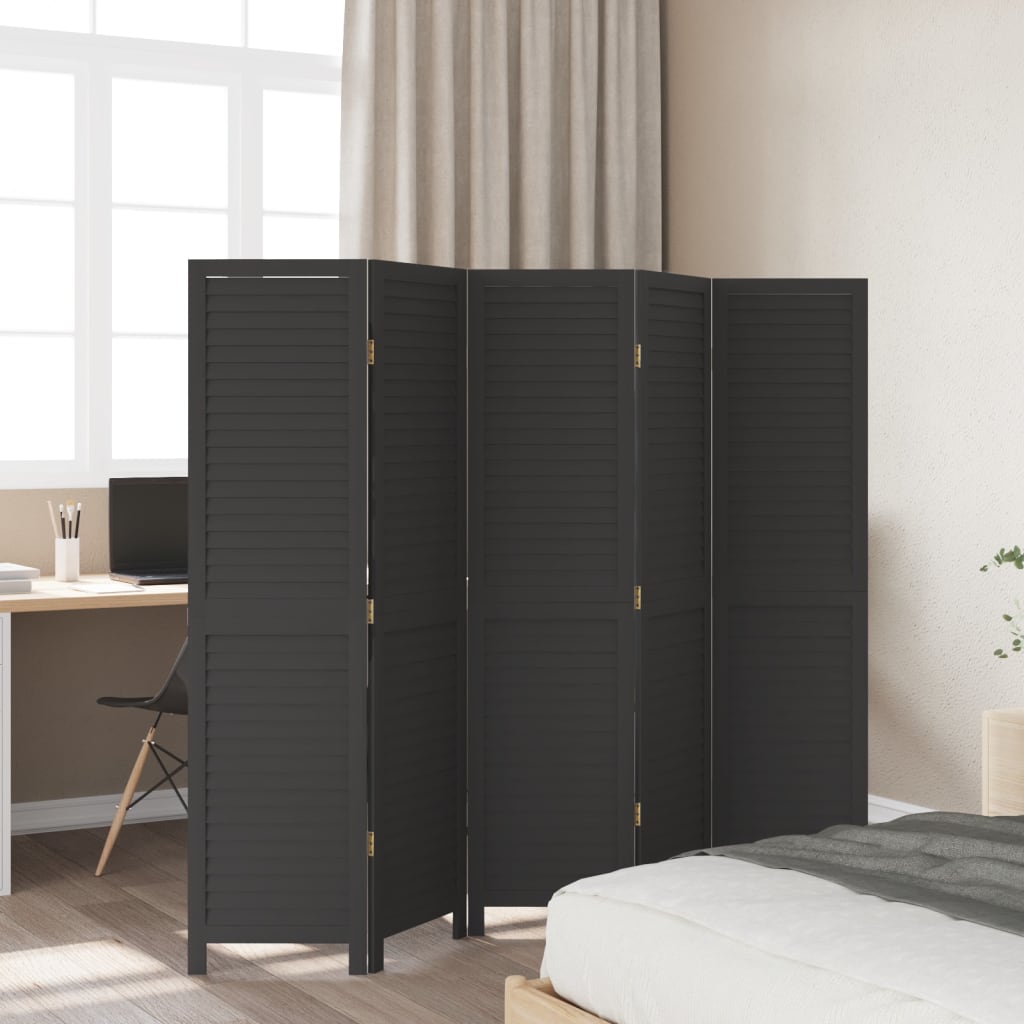 vidaXL Room Divider 5 Panels Black Solid Wood Paulownia