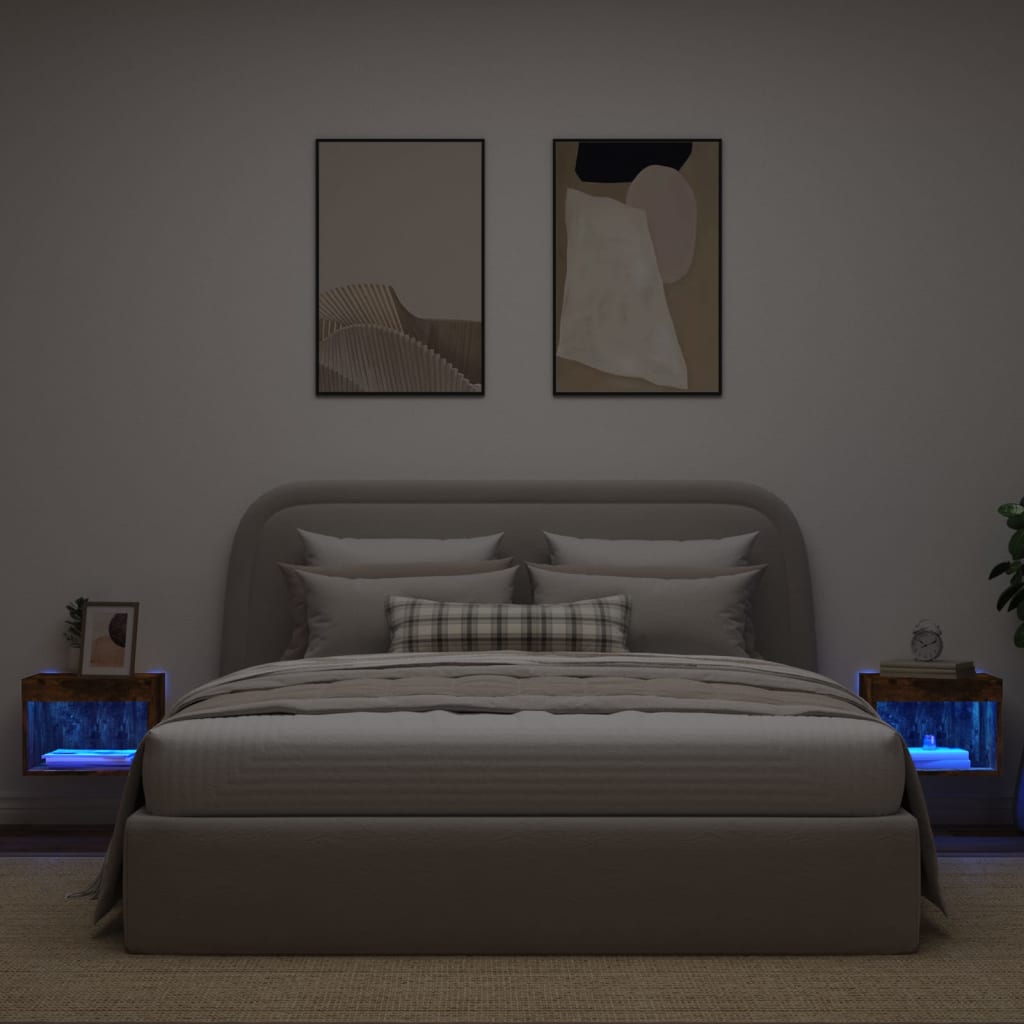 vidaXL Bedside Cabinets with LED Lights Wall-mounted 2 pcs Smoked Oak