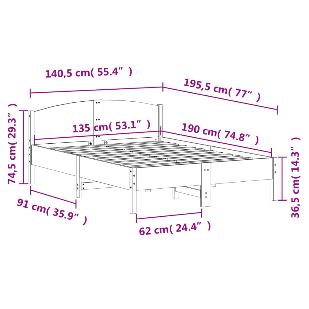 vidaXL Bed Frame without Mattress White 135x190 cm Double Solid Wood Pine