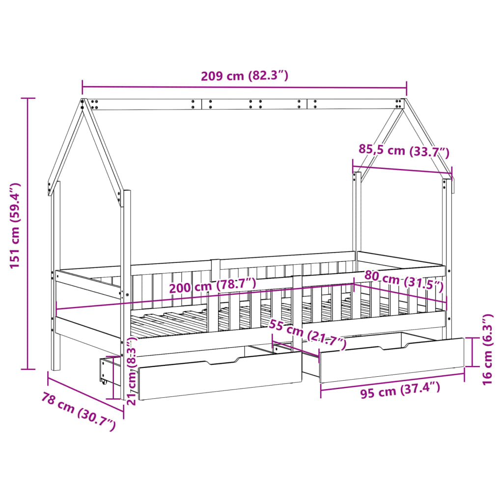 vidaXL Kids Bed Frame with Drawers without Mattress 80x200 cm Solid Wood