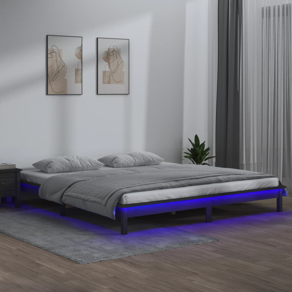 vidaXL LED Bed Frame without Mattress Grey 180x200 cm Super King Solid Wood