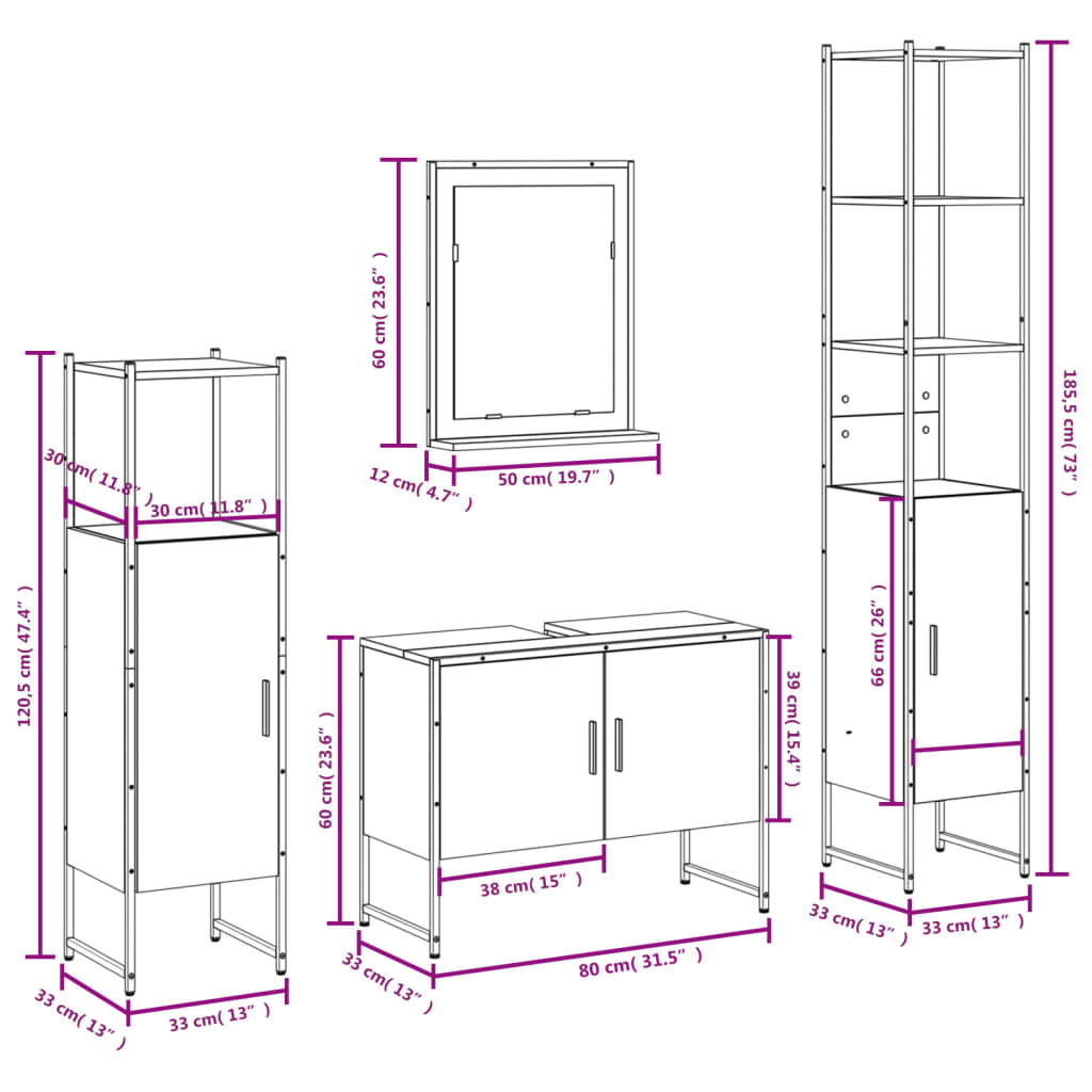 vidaXL 4 Piece Bathroom Cabinet Set Black Engineered Wood