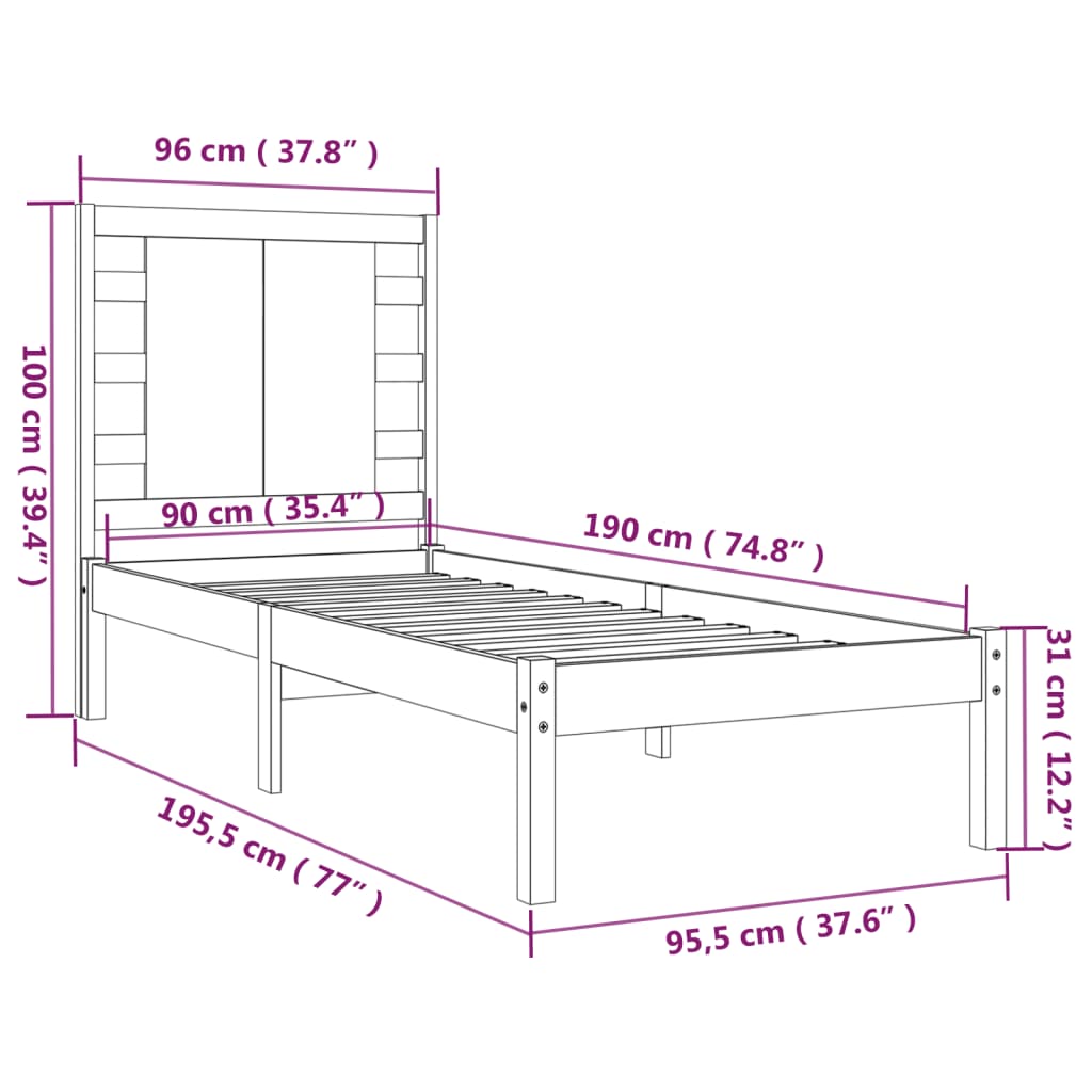 vidaXL Bed Frame without Mattress White 90x190 cm Single Solid Wood