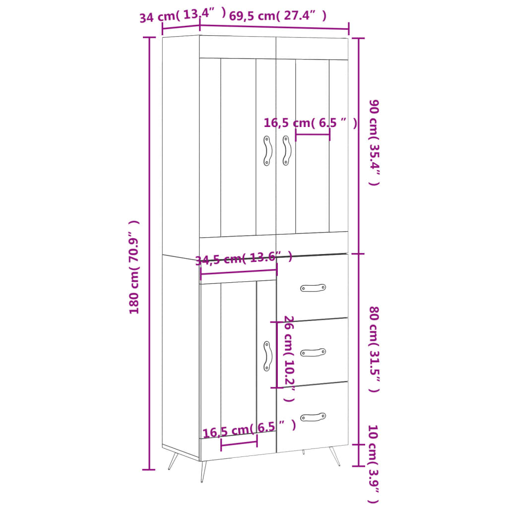 vidaXL Highboard White 69.5x34x180 cm Engineered Wood