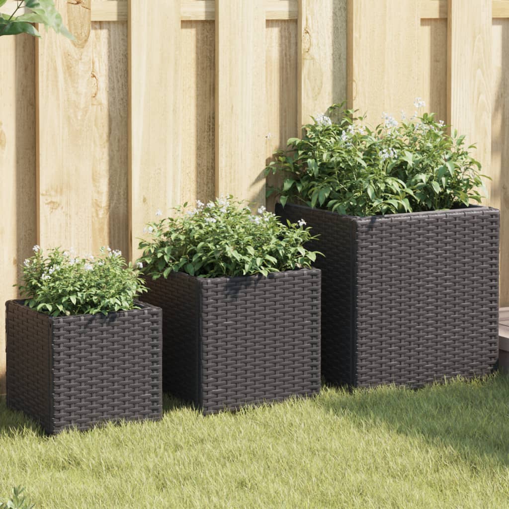 vidaXL Garden Planters 3 pcs Black Poly Rattan