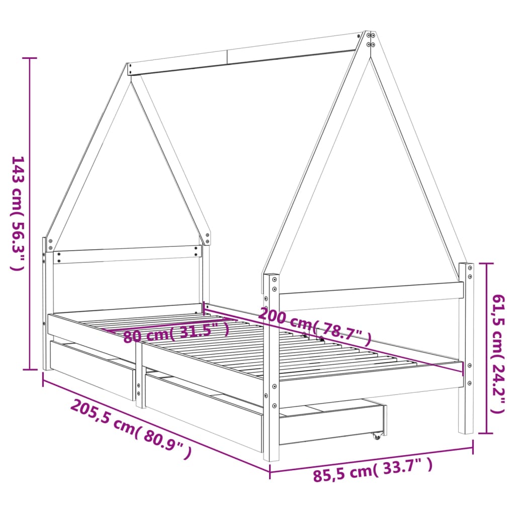 vidaXL Kids Bed Frame with Drawers 80x200 cm Solid Wood Pine