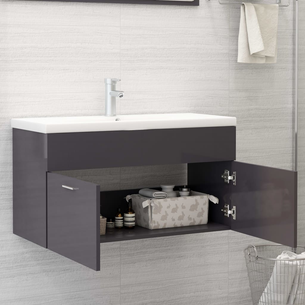 vidaXL Sink Cabinet with Built-in Basin High Gloss Grey Engineered Wood