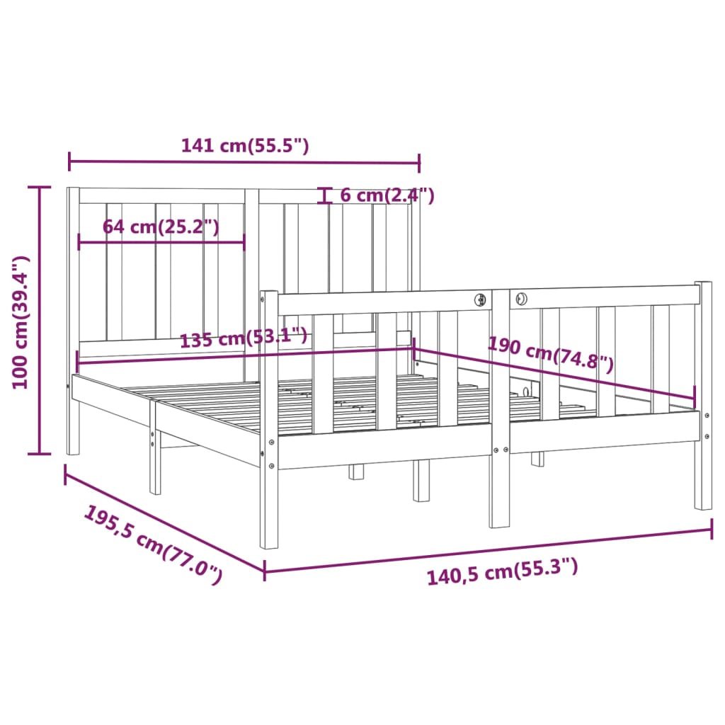 vidaXL Bed Frame without Mattress Black 135x190 cm Double Solid Wood