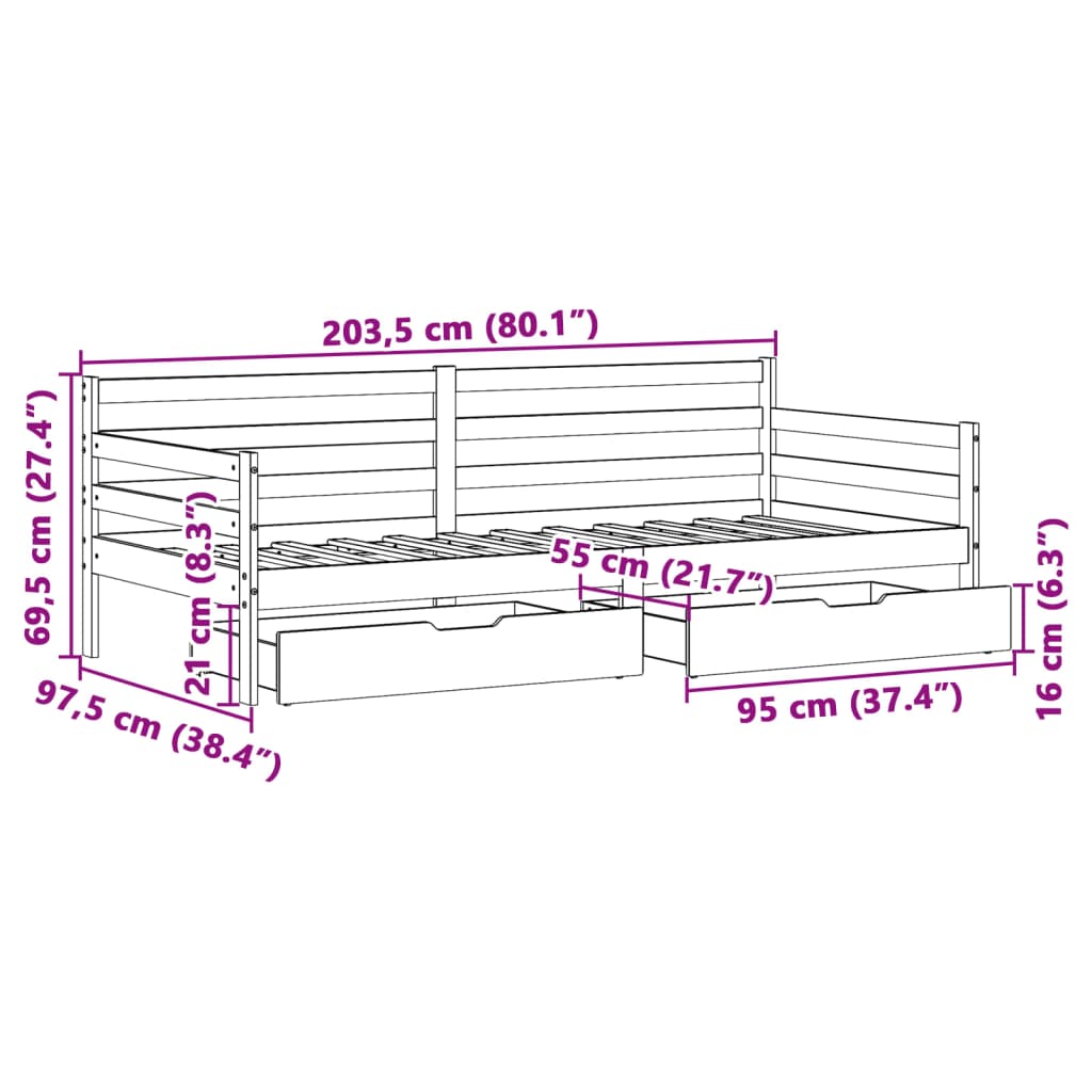 vidaXL Daybed with Drawers without Mattress 90x200 cm Solid Wood