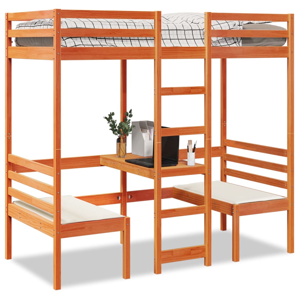 vidaXL Loft Bed Frame with Desk and Chairs Wax Brown 75x190cm Solid Wood Pine