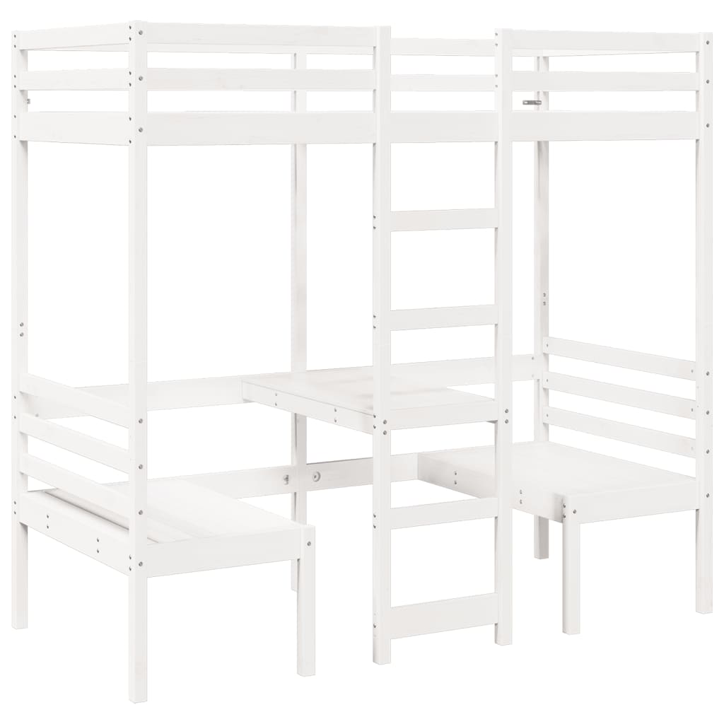 vidaXL Loft Bed Frame with Desk and Chairs White 75x190cm Solid Wood Pine