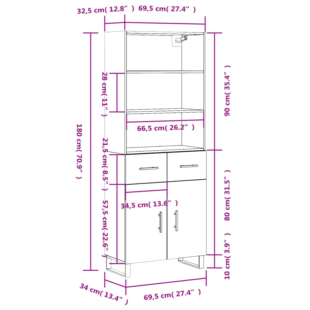 vidaXL Highboard Grey Sonoma 69.5x34x180 cm Engineered Wood