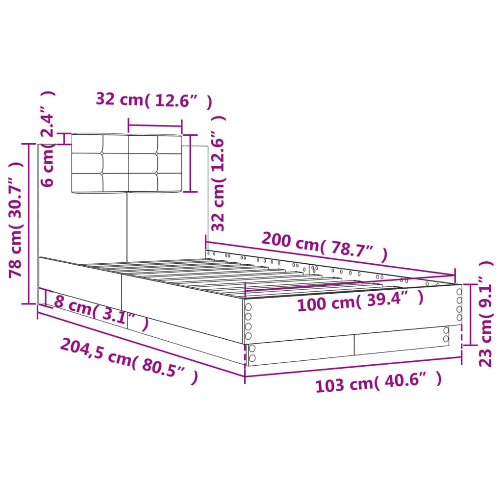 vidaXL Bed Frame with LED without Mattress Brown Oak 100x200 cm