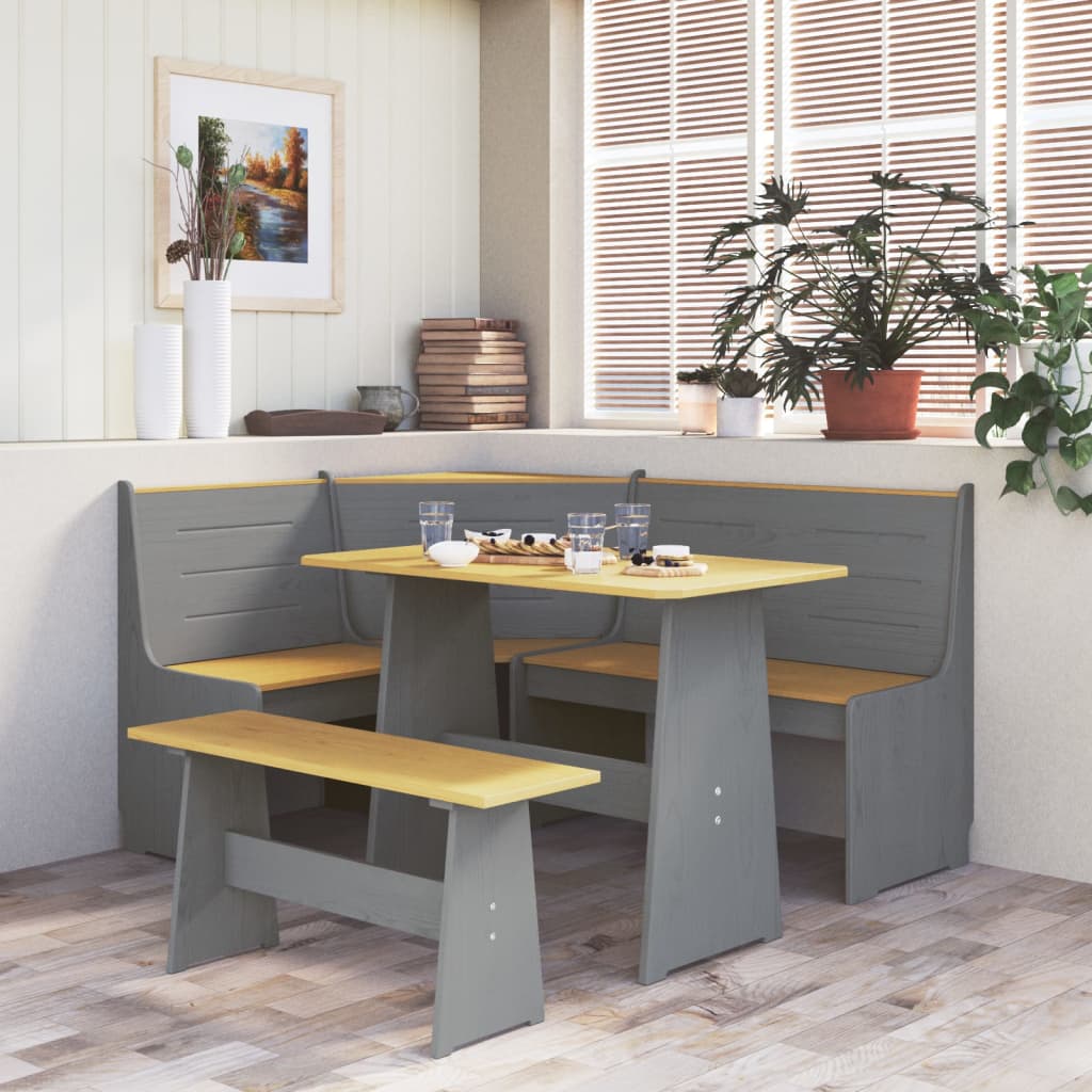 vidaXL 3 Piece Dining Set REINE Honey Brown and Grey Solid Wood Pine