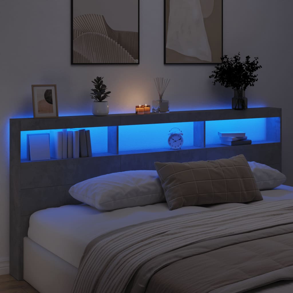 vidaXL Headboard Cabinet with LED Concrete Grey 220x17x102 cm