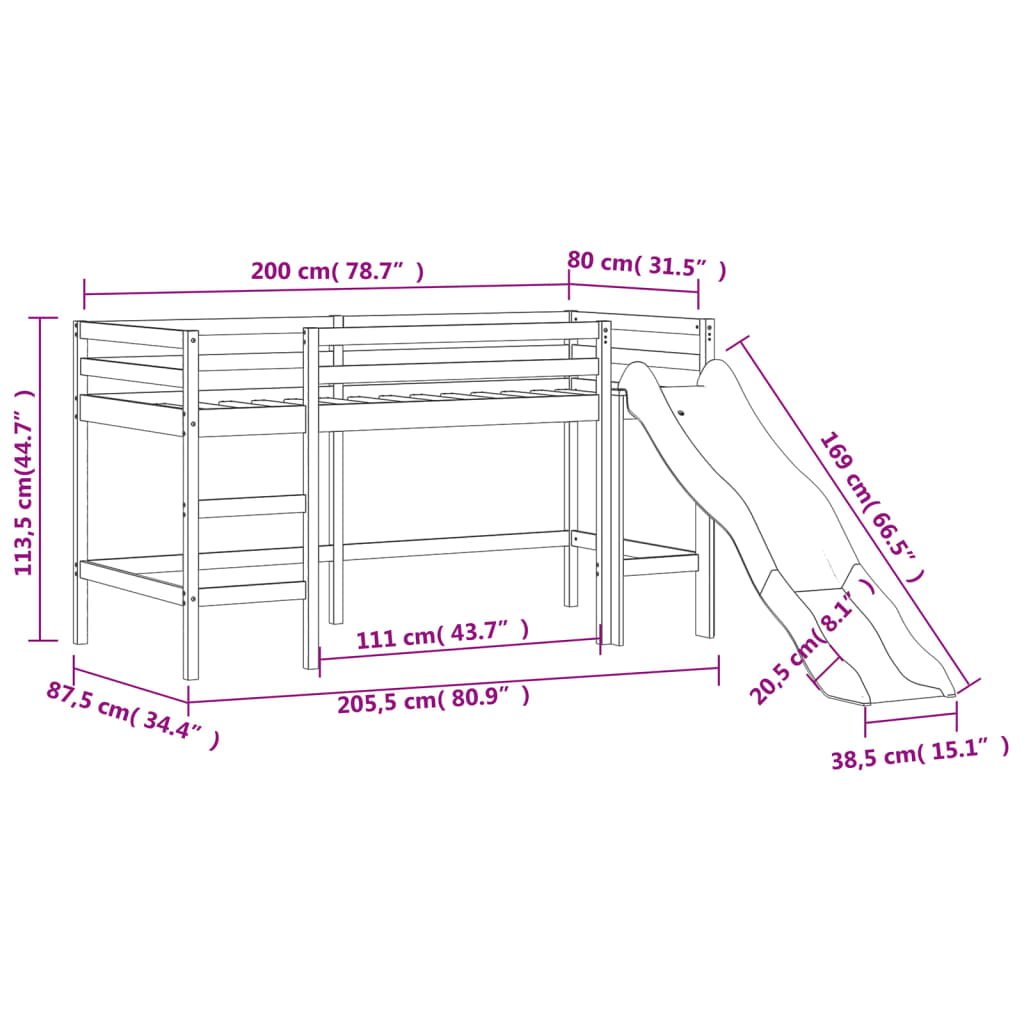 vidaXL Kids' Loft Bed with Tower without Mattress Pink 80x200 cm