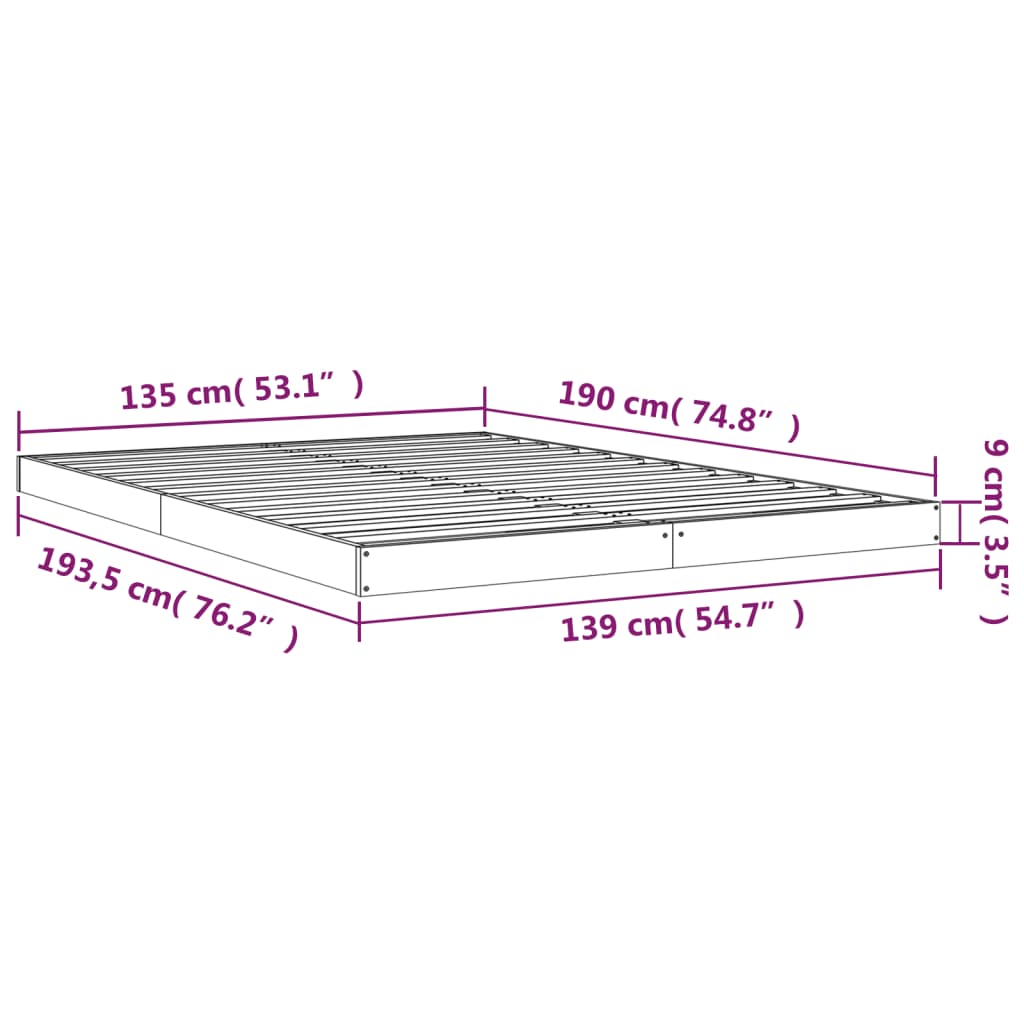 vidaXL Bed Frame without Mattress Grey 135x190 cm Double Solid Wood Pine