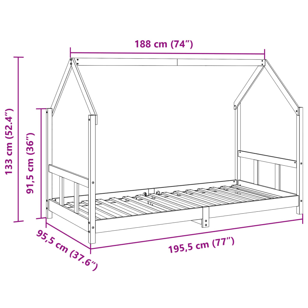 vidaXL Kids Bed Frame Wax Brown 90x190 cm Solid Wood Pine