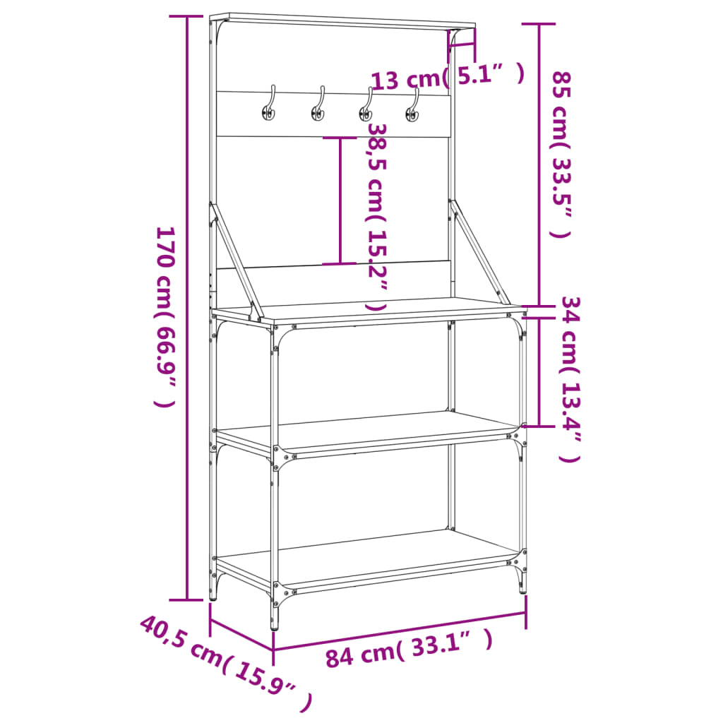 vidaXL Baker's Rack with Hooks 4-Tier Smoked Oak Engineered Wood