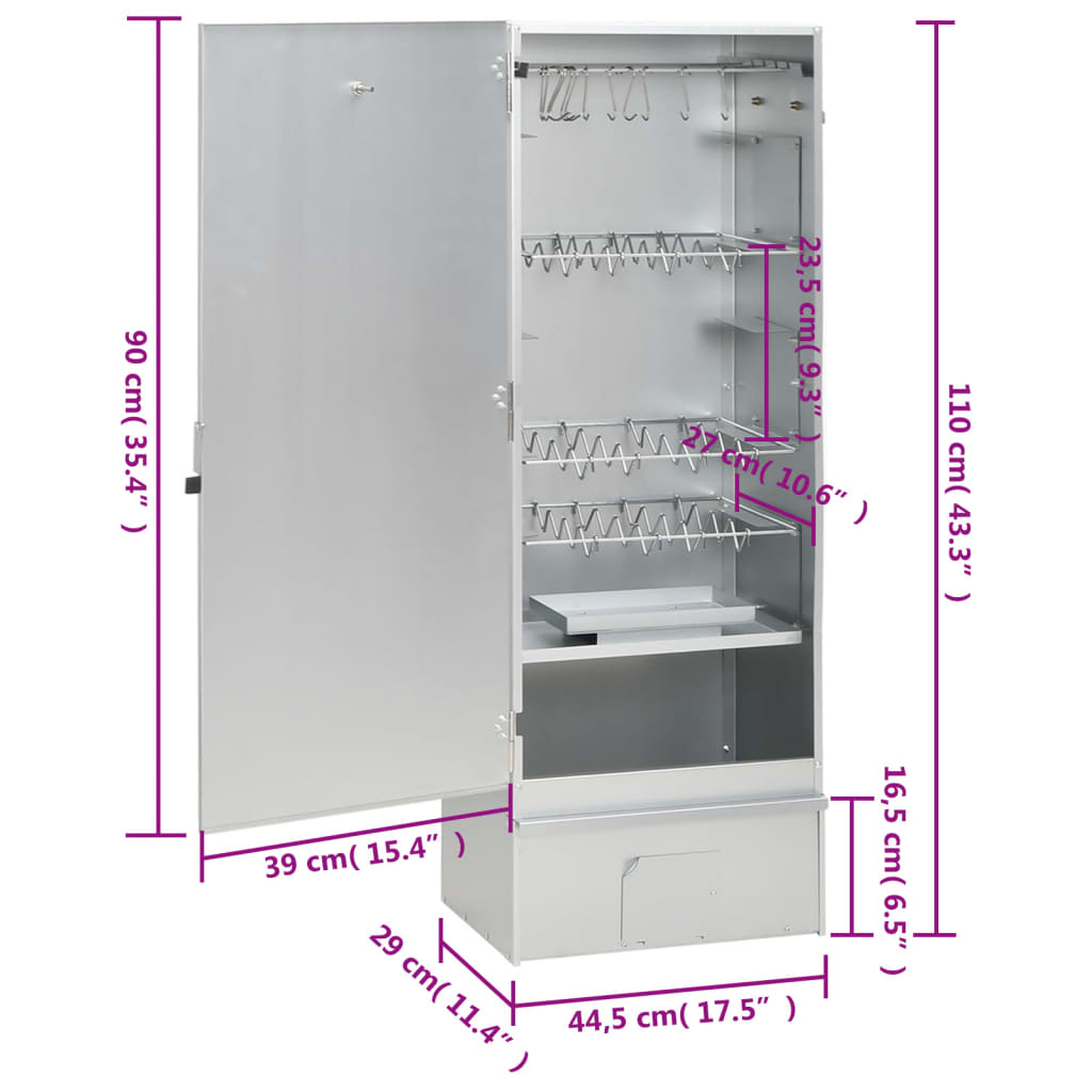 vidaXL BBQ Oven Smoker with Wood Chips 44.5x29x110 cm Galvanised steel