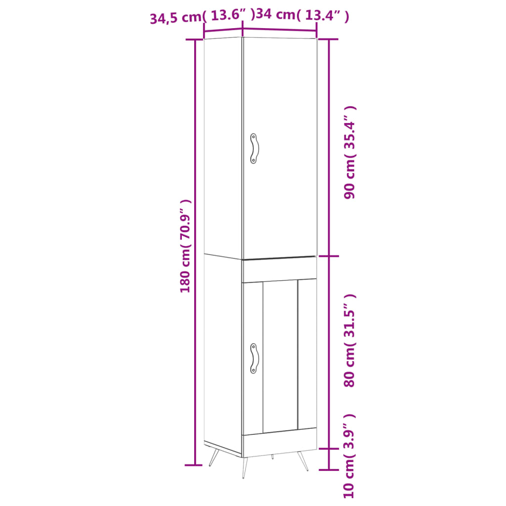 vidaXL Highboard High Gloss White 34.5x34x180 cm Engineered Wood