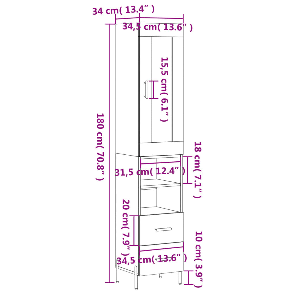 vidaXL Highboard Grey Sonoma 34.5x34x180 cm Engineered Wood