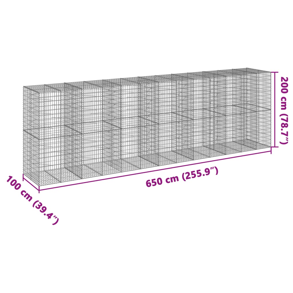 vidaXL Gabion Basket with Cover 650x100x200 cm Galvanised Iron