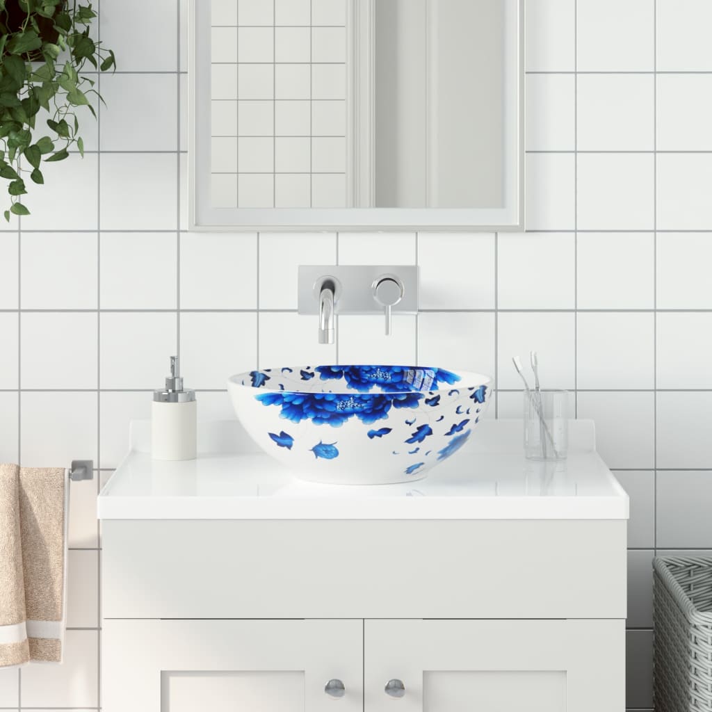 vidaXL Countertop Basin White and Blue Round Φ41x14 cm Ceramic