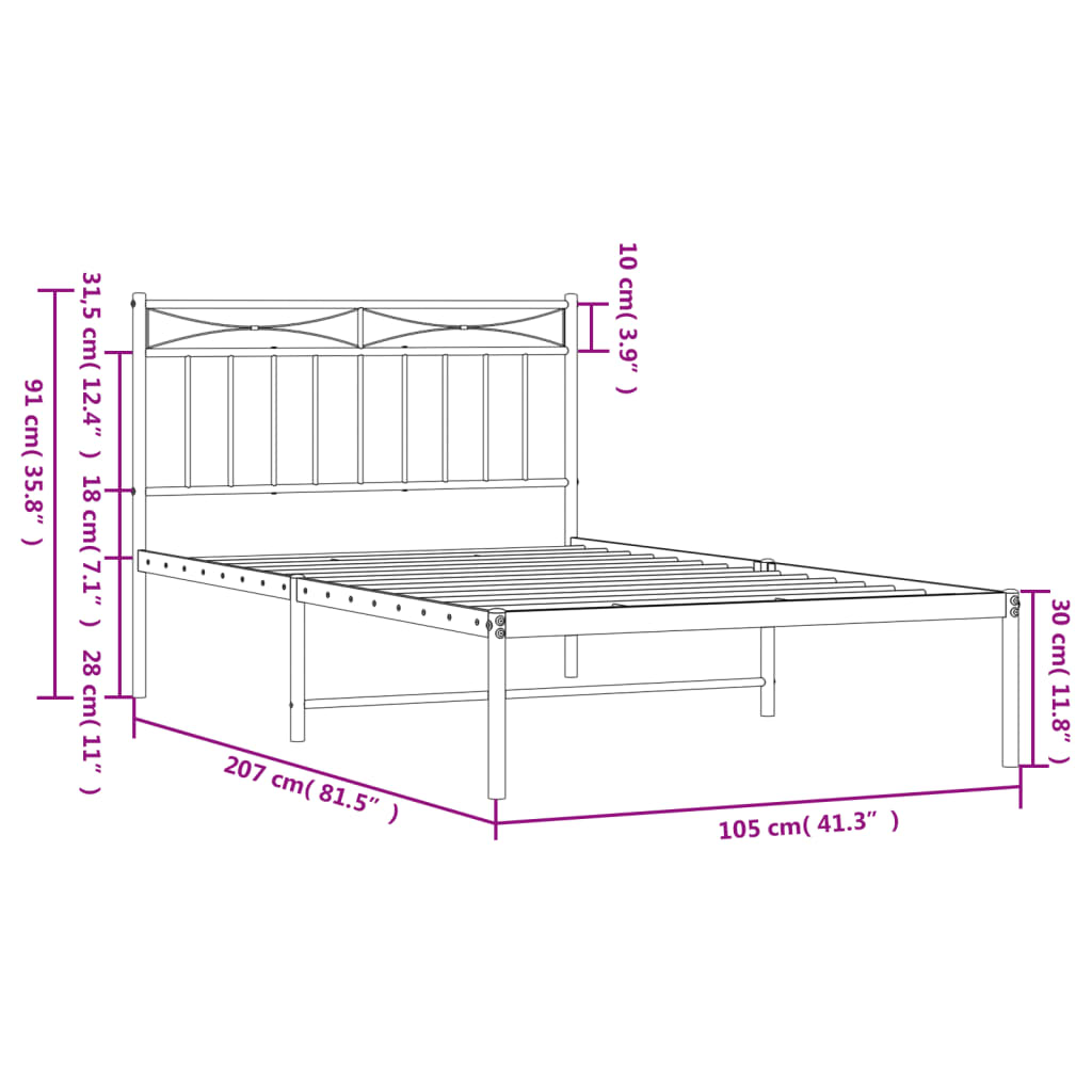 vidaXL Metal Bed Frame without Mattress with Headboard White 100x200 cm