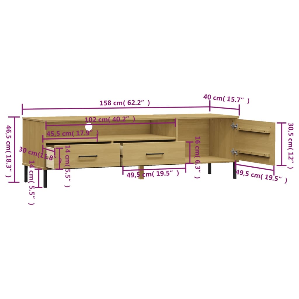 vidaXL TV Cabinet with Metal Legs Brown Solid Wood Pine OSLO