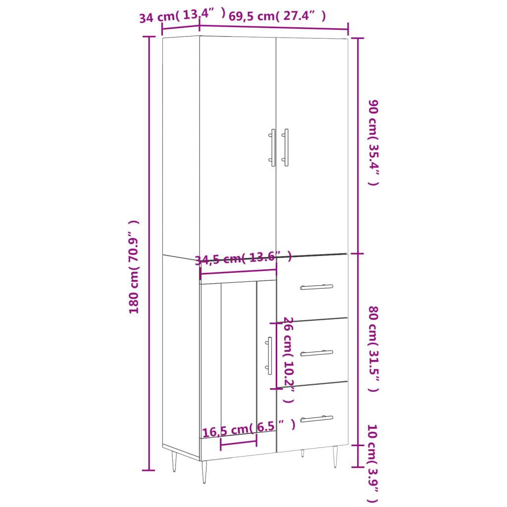 vidaXL Highboard Grey Sonoma 69.5x34x180 cm Engineered Wood