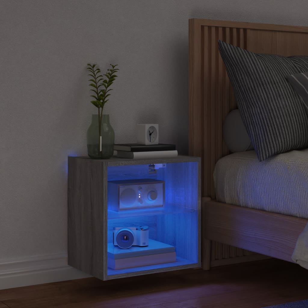 vidaXL Bedside Cabinet with LED Lights Wall-mounted Grey Sonoma