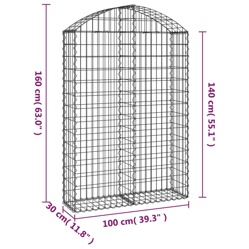 vidaXL Arched Gabion Basket 100x30x140/160 cm Galvanised Iron