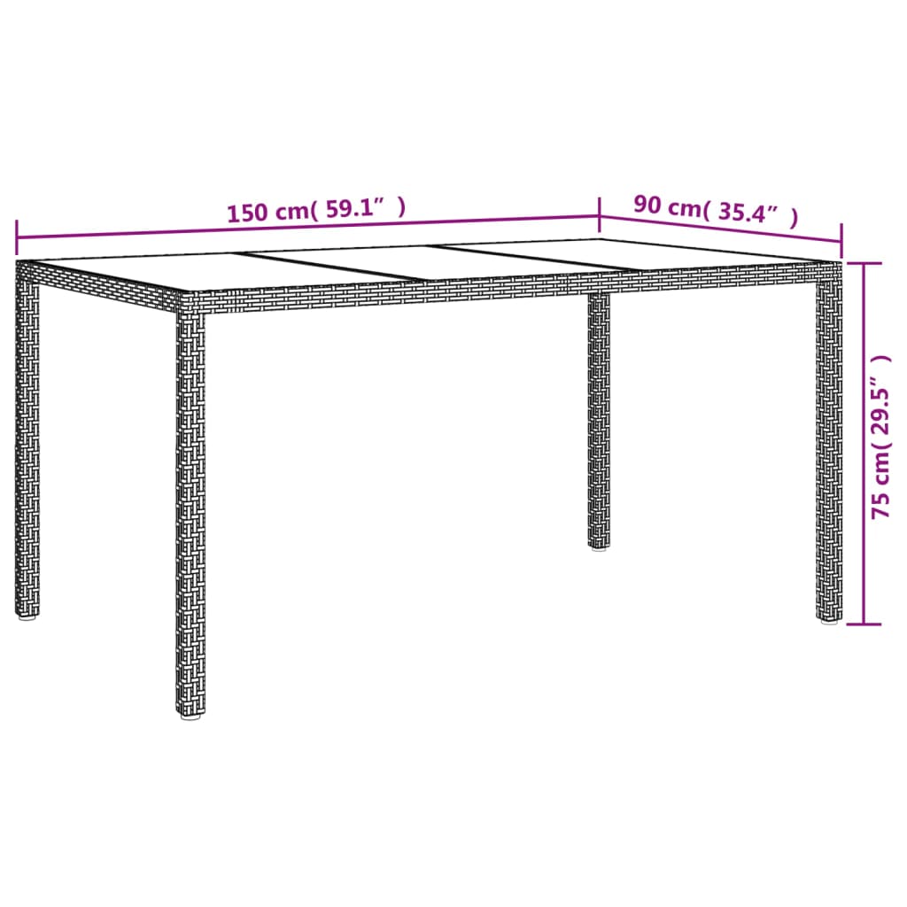 vidaXL Garden Table 150x90x75 cm Tempered Glass and Poly Rattan Grey