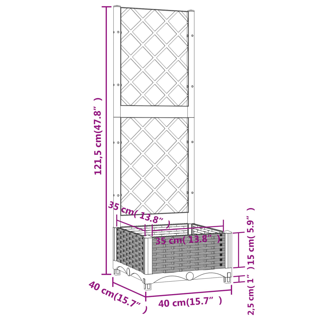 vidaXL Garden Planter with Trellis Black 40x40x121.5 cm PP