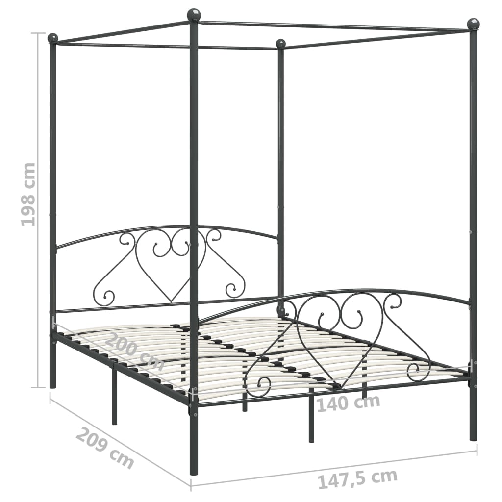 vidaXL Canopy Bed Frame without Mattress Grey Metal 140x200 cm